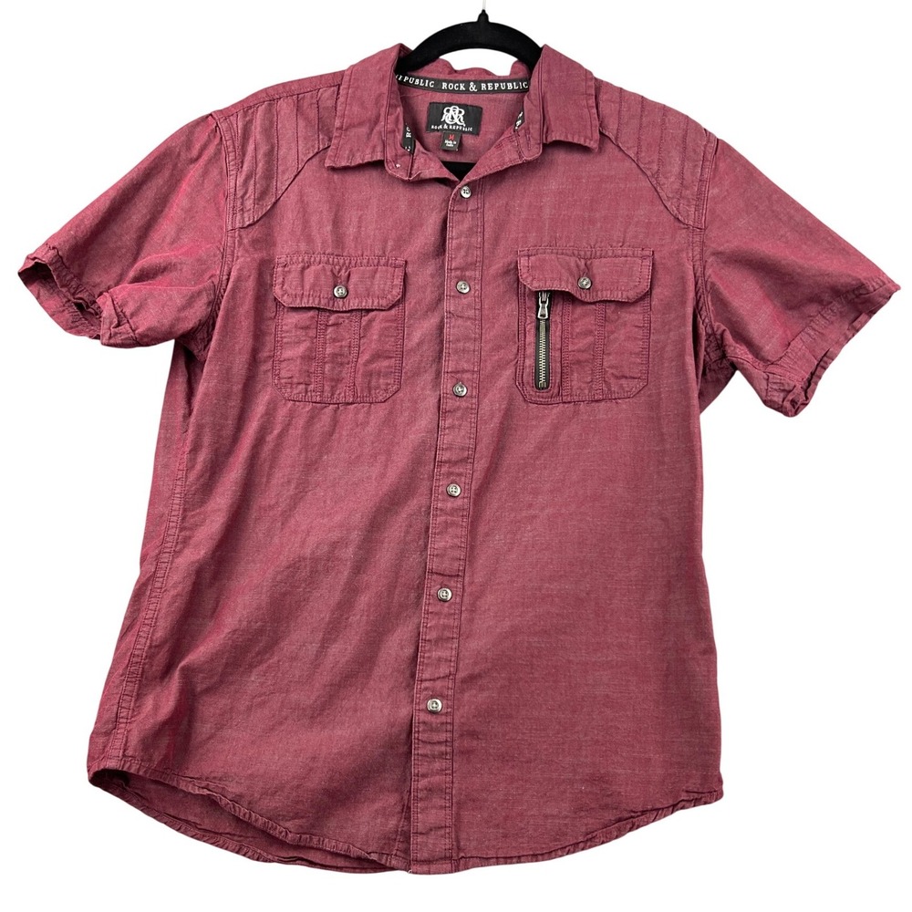Rock & Republic Mens Short Sleeve Button Down Shirt Burgundy Maroon Size M 3099